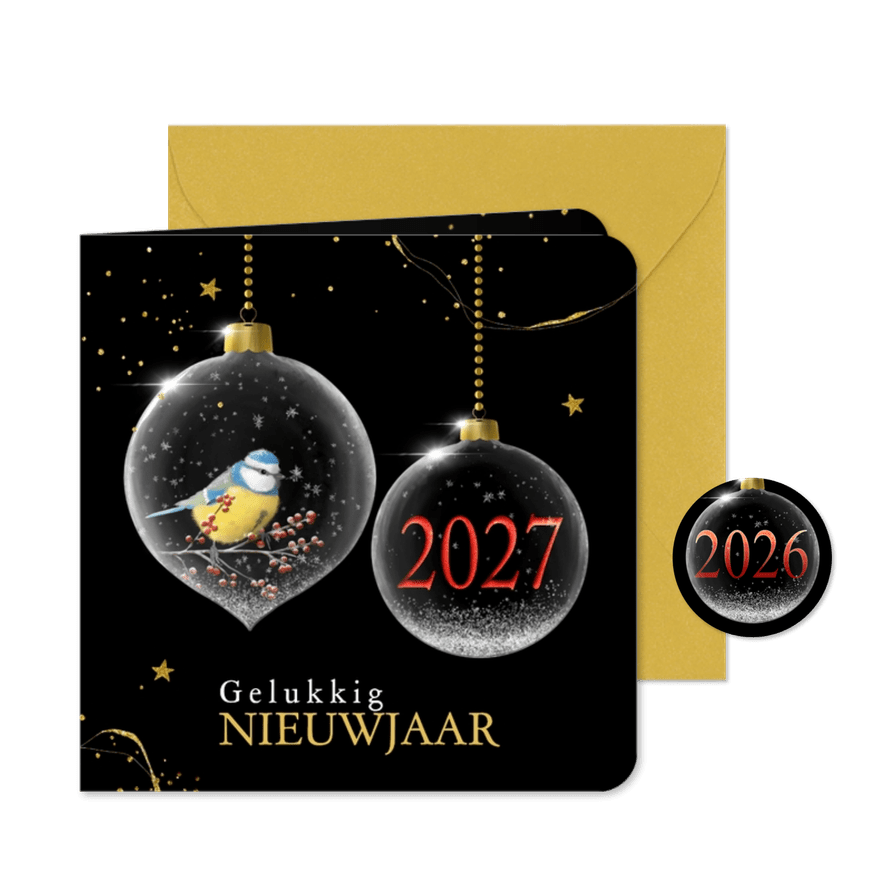 Nieuwjaarskaart glazen kerstballen met jaartal - Kaartimpressie