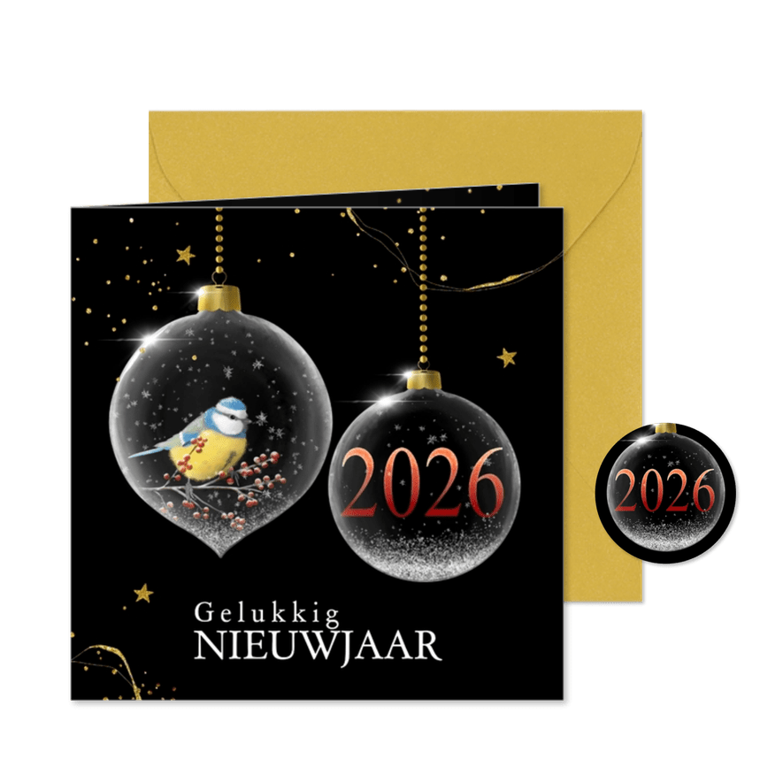 Nieuwjaarskaart glazen kerstballen met jaartal - Kaartimpressie