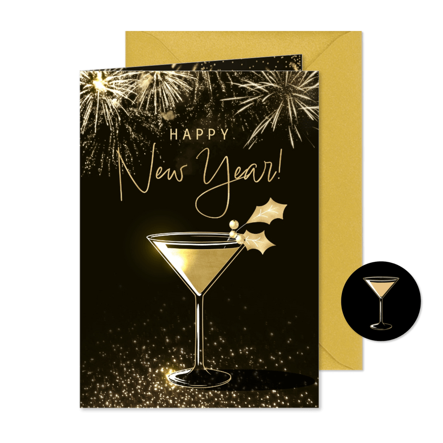 Nieuwjaarskaart goud chique cocktailglas glitters vuurwerk - Kaartimpressie