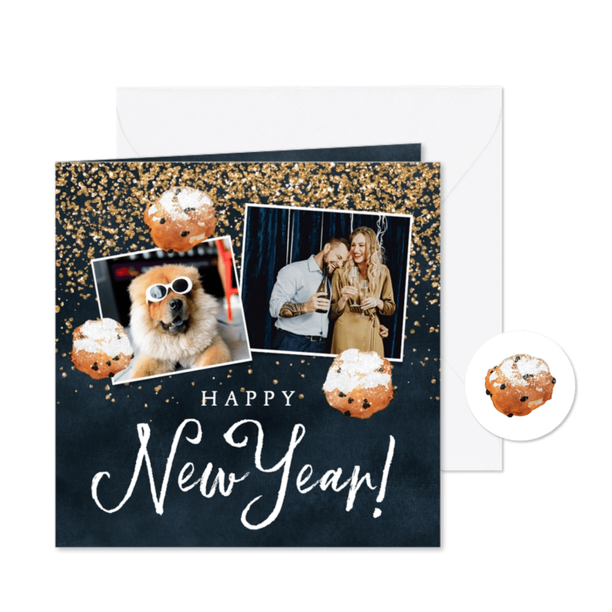 Nieuwjaarskaart goud confetti oliebollen en twee foto's - Kaartimpressie