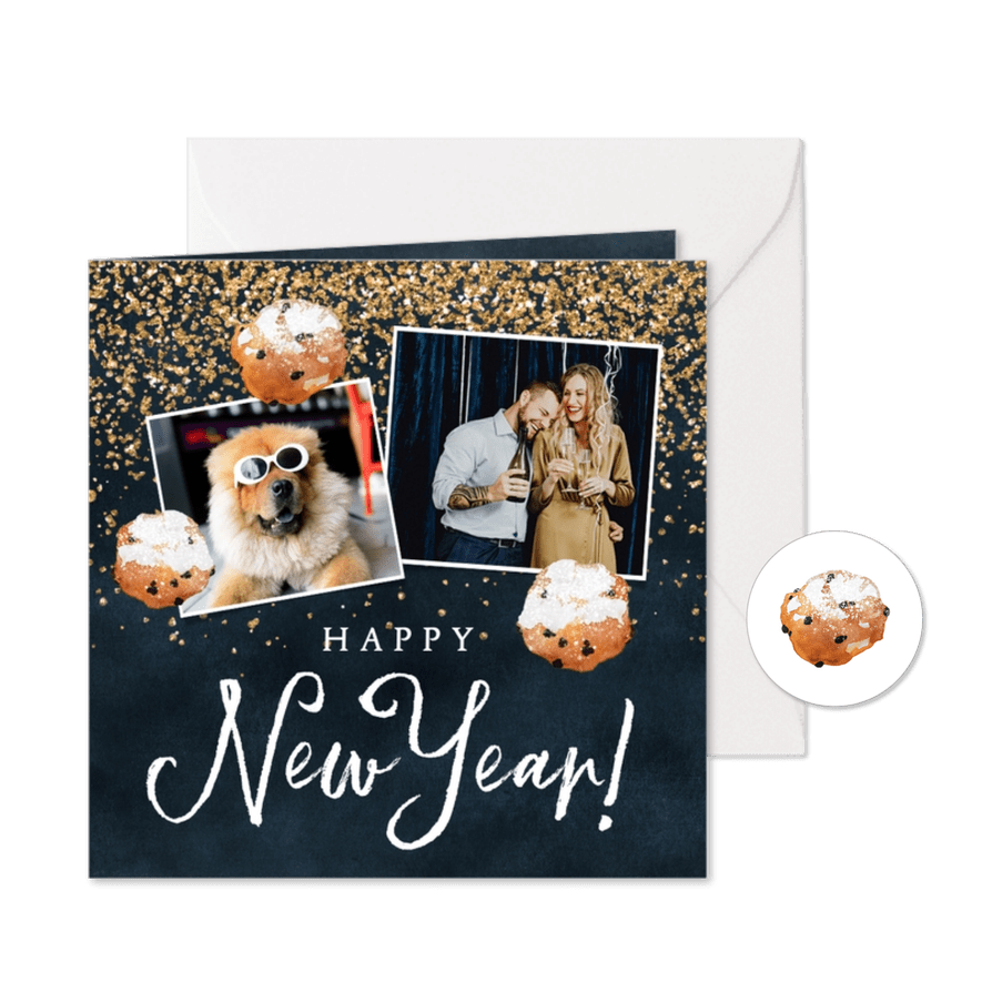 Nieuwjaarskaart goud confetti oliebollen en twee foto's - Kaartimpressie