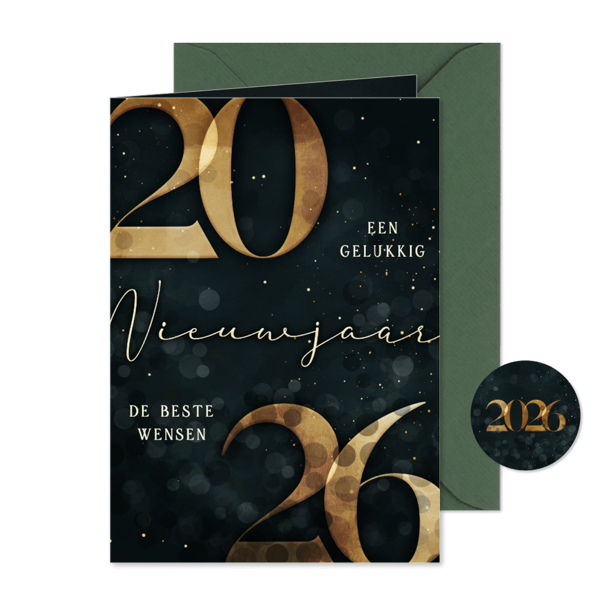 Nieuwjaarskaart gouden 2026 donkergroen stijlvol - Kaartimpressie