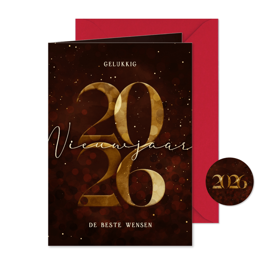 Nieuwjaarskaart gouden 2026 donkerrood stijlvol - Kaartimpressie