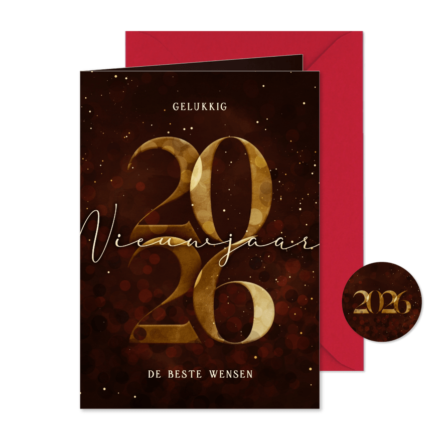 Nieuwjaarskaart gouden 2026 donkerrood stijlvol - Kaartimpressie
