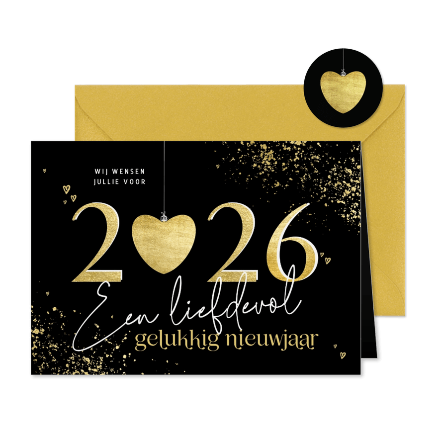 Nieuwjaarskaart gouden 2026 met hart liefdevol nieuwjaar - Kaartimpressie