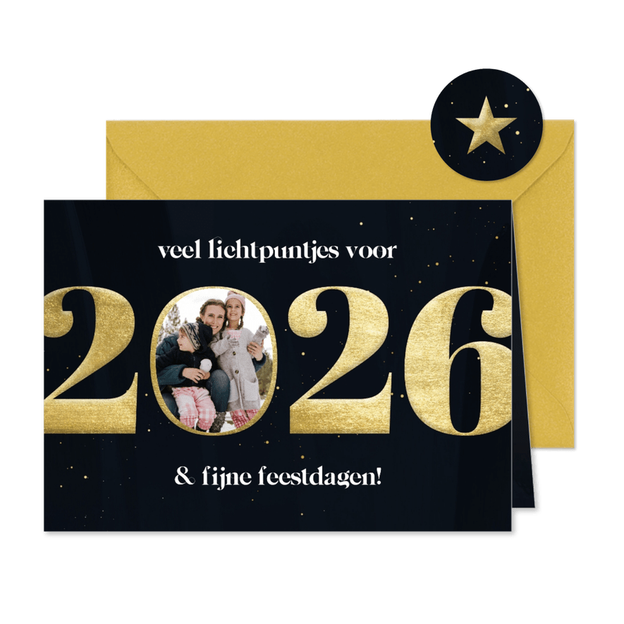 Nieuwjaarskaart gouden 2026 met veel lichtpuntjes en foto - Kaartimpressie