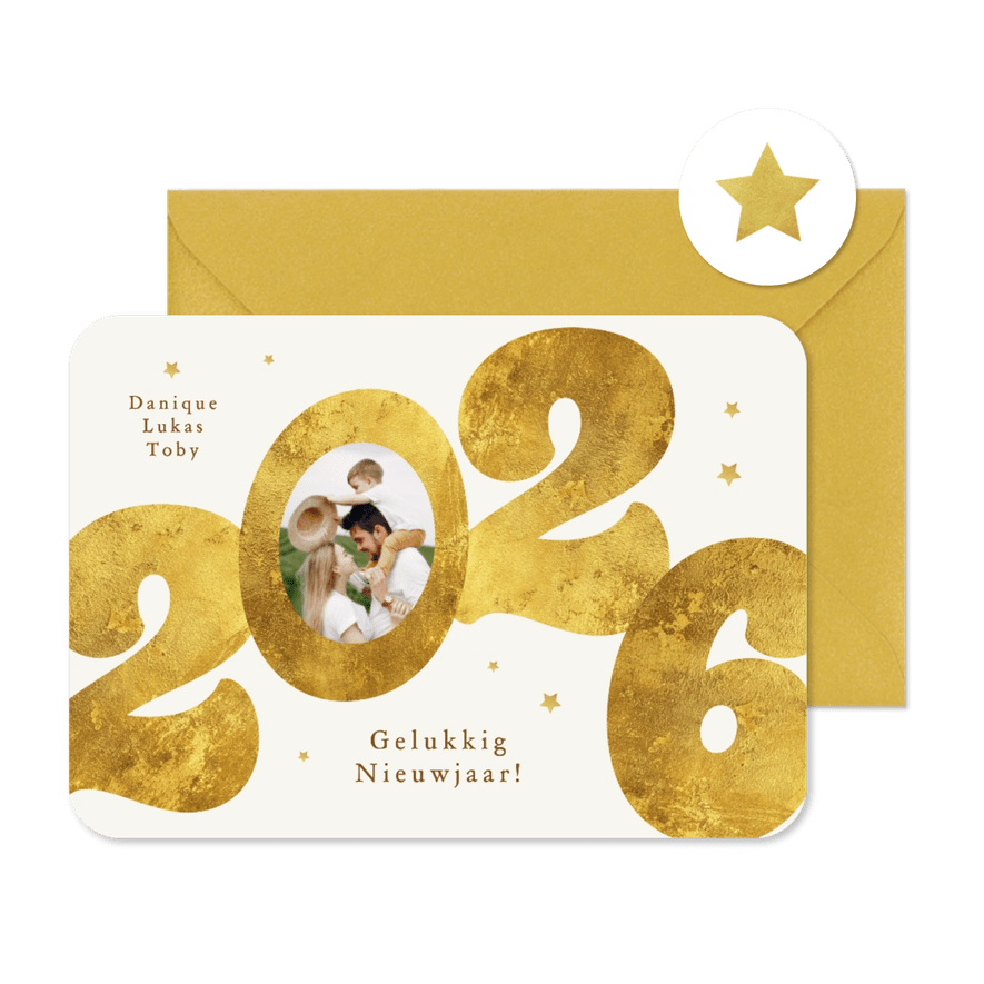 Nieuwjaarskaart gouden 2026 sterren stijlvol modern foto - Kaartimpressie