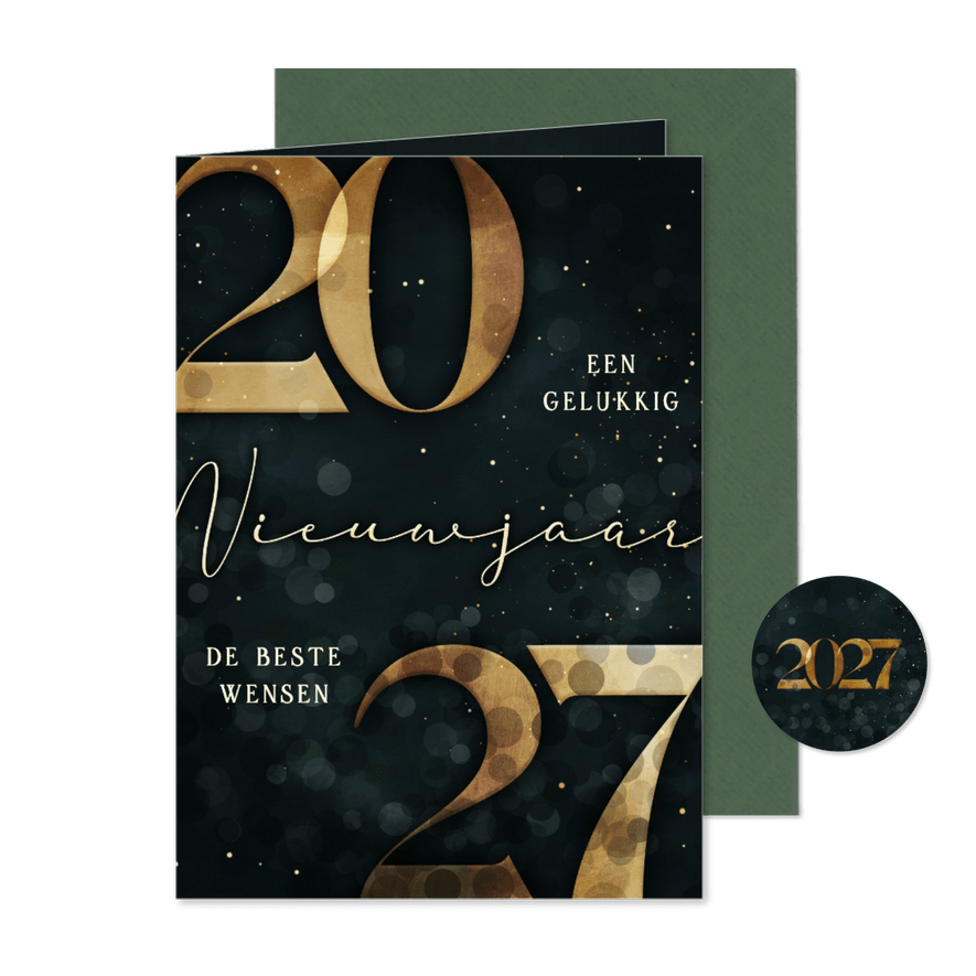 Nieuwjaarskaart gouden 2027 donkergroen stijlvol - Kaartimpressie