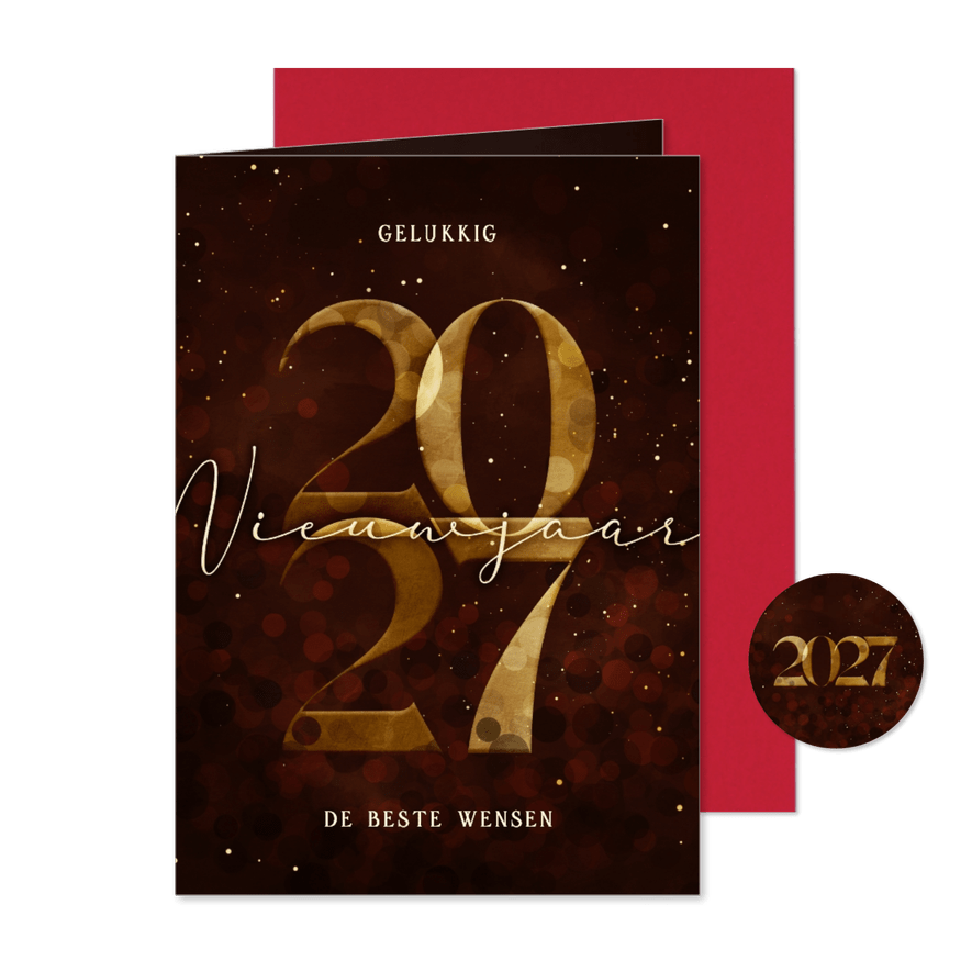 Nieuwjaarskaart gouden 2027 donkerrood stijlvol - Kaartimpressie