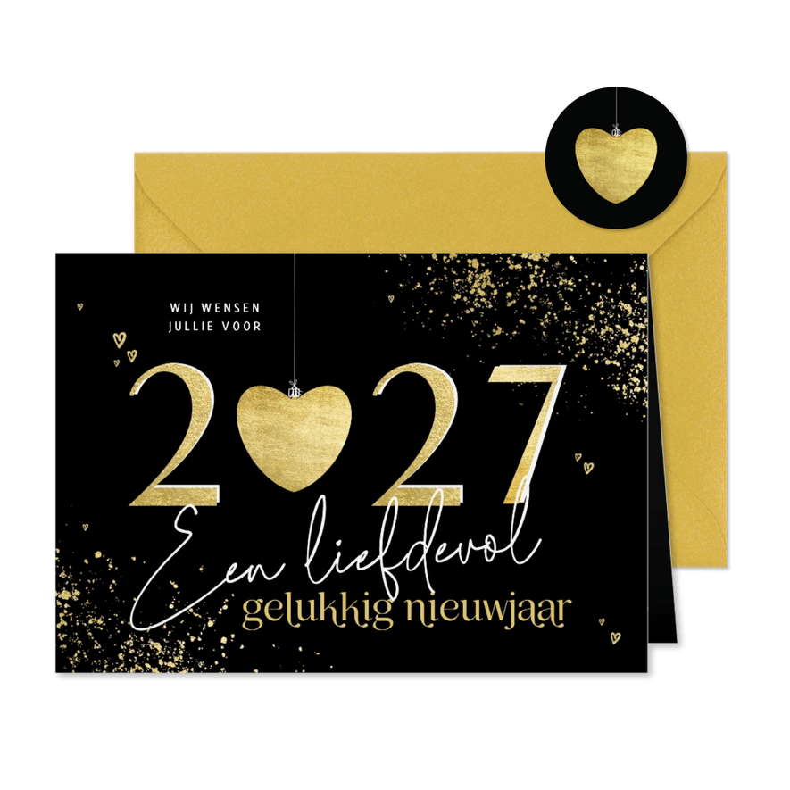 Nieuwjaarskaart gouden 2027 met hart liefdevol nieuwjaar - Kaartimpressie