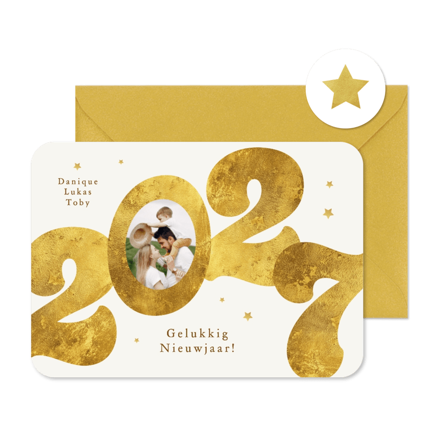 Nieuwjaarskaart gouden 2027 sterren stijlvol modern foto - Kaartimpressie