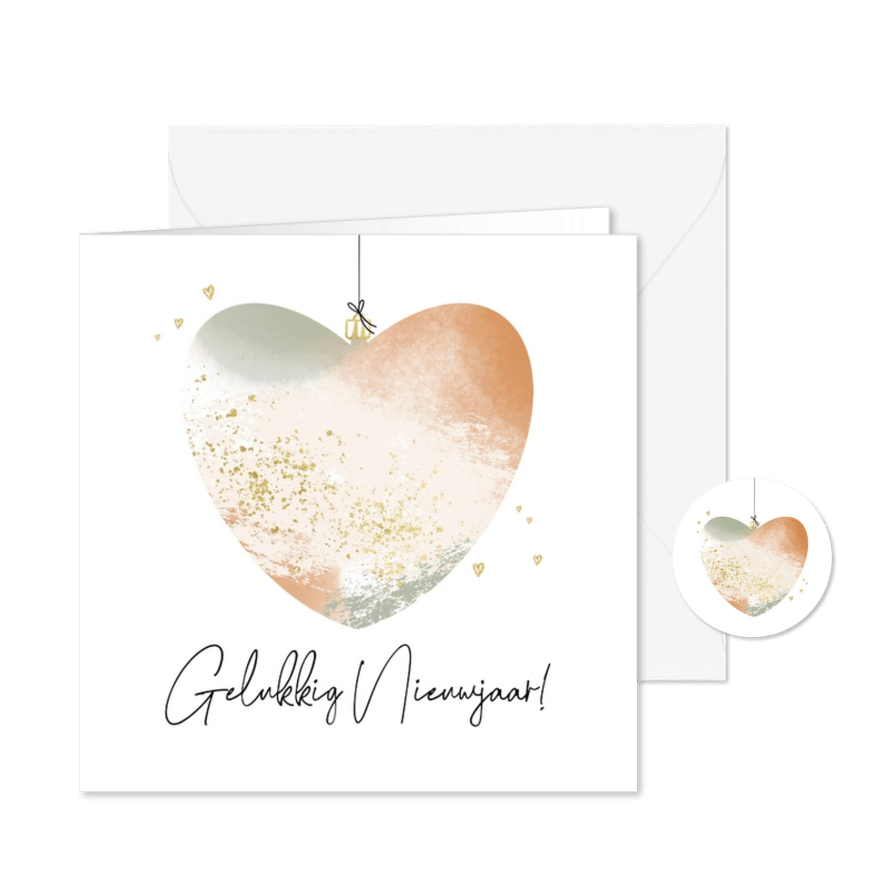 Nieuwjaarskaart gouden hartjes kerstbal gelukkig nieuwjaar - Kaartimpressie