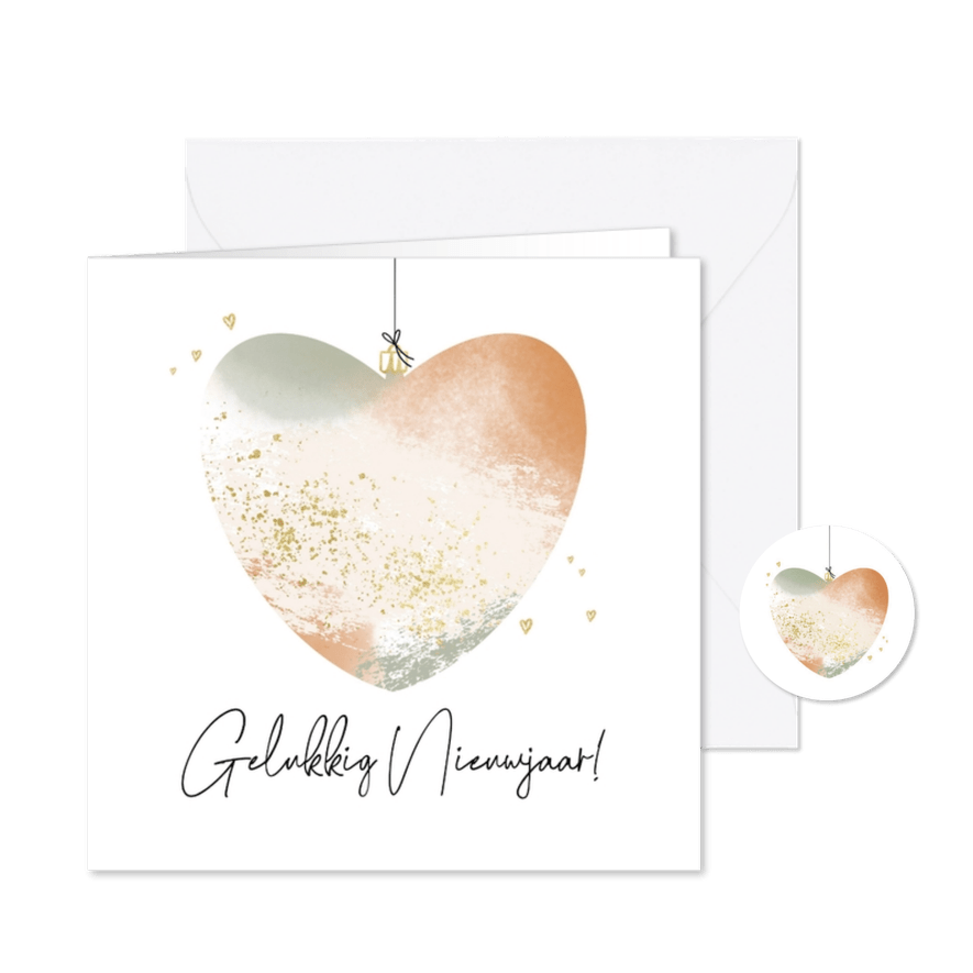 Nieuwjaarskaart gouden hartjes kerstbal gelukkig nieuwjaar - Kaartimpressie