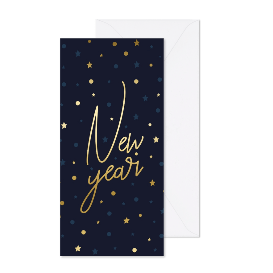 Nieuwjaarskaart gouden 'New Year', sterren en confetti - Kaartimpressie