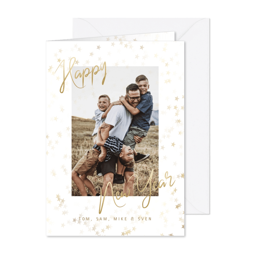 Nieuwjaarskaart gouden sterren, happy new year en foto - Kaartimpressie