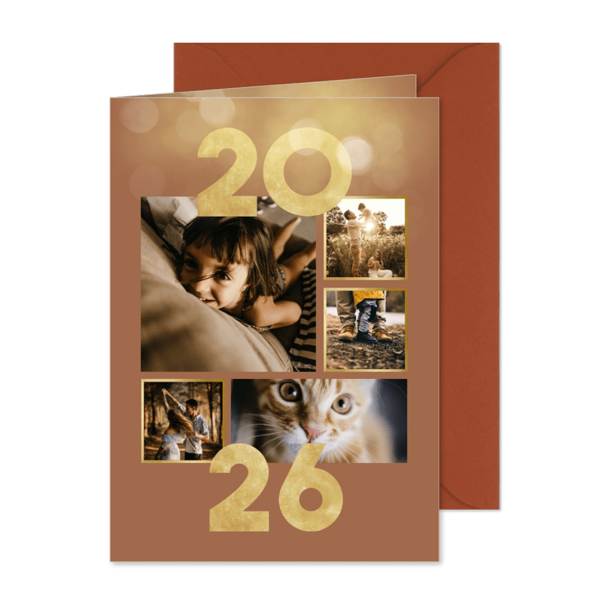 Nieuwjaarskaart goudlook collage aanpasbaar 2026 - Kaartimpressie