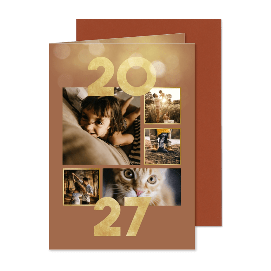 Nieuwjaarskaart goudlook collage aanpasbaar 2027 - Kaartimpressie
