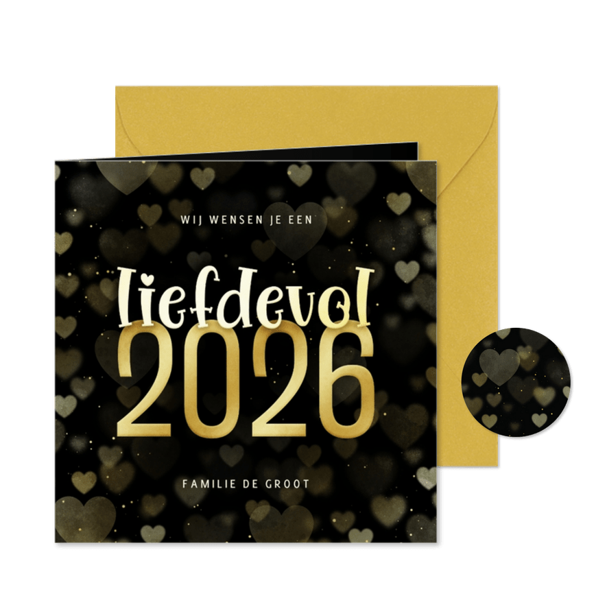 Nieuwjaarskaart goudlook hartjes liefdevol 2026 - Kaartimpressie