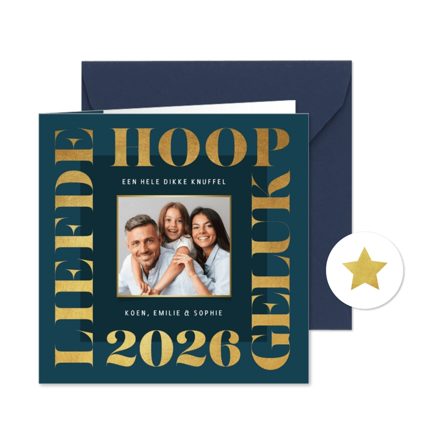 Nieuwjaarskaart grafisch modern goud foto 2026 liefde - Kaartimpressie