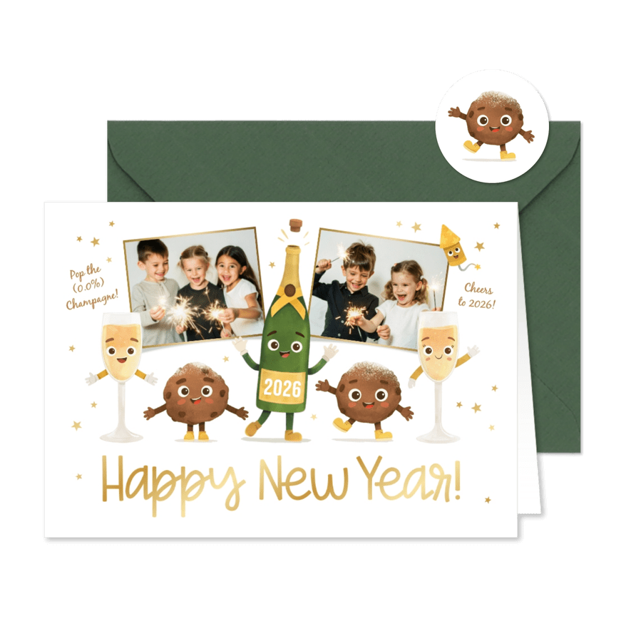 Nieuwjaarskaart grappig illustratie foto oliebol champagne - Kaartimpressie