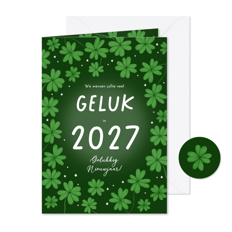 Nieuwjaarskaart groen klavertjes vier geluk 2027 - Kaartimpressie