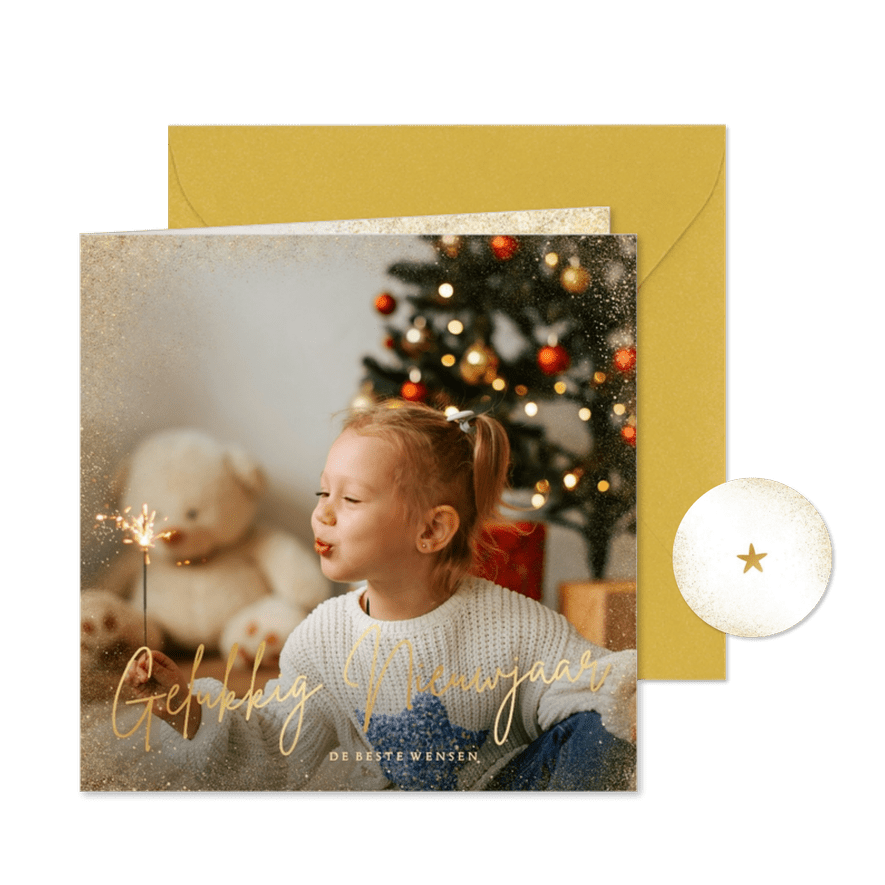 Nieuwjaarskaart grote foto gouden rand gelukkig nieuwjaar - Kaartimpressie