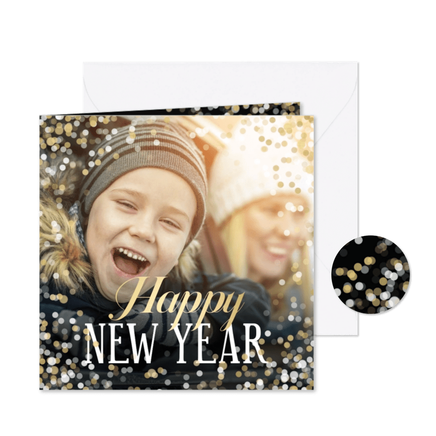Nieuwjaarskaart grote foto Happy new Year confetti - Kaartimpressie