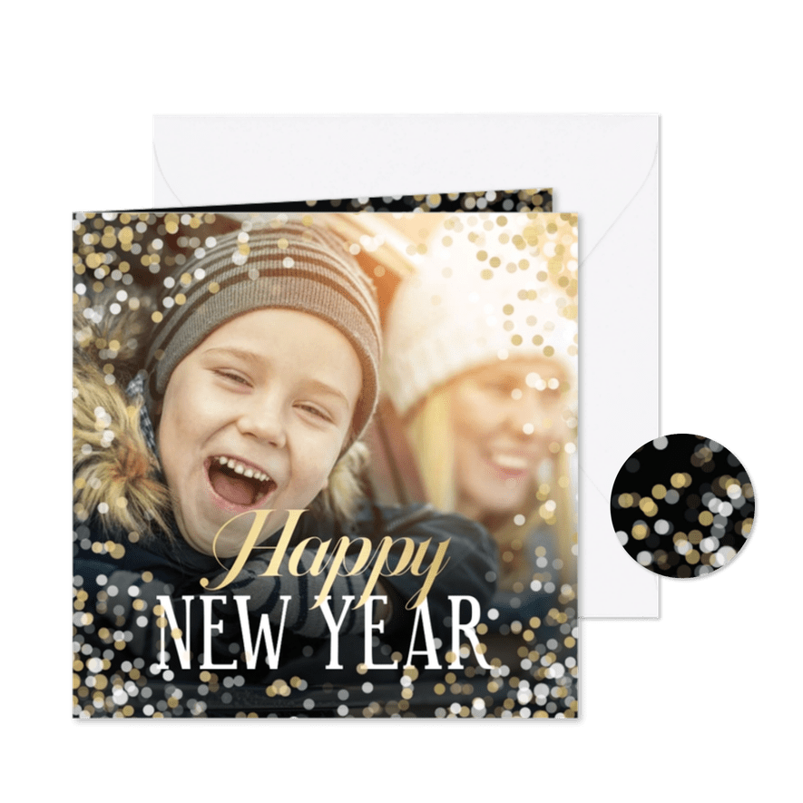 Nieuwjaarskaart grote foto Happy new Year confetti - Kaartimpressie