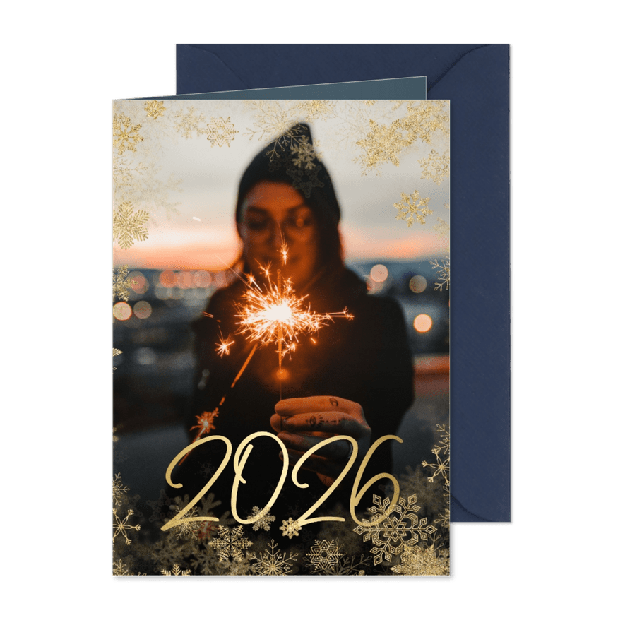 Nieuwjaarskaart grote foto met sneeuwkader en gouden 2026 - Kaartimpressie