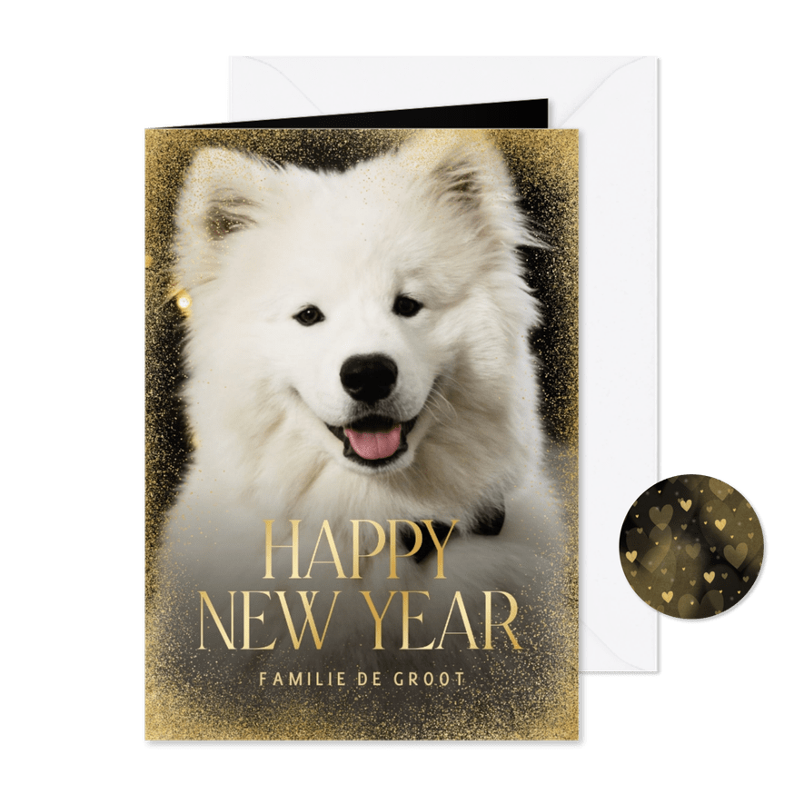 Nieuwjaarskaart grote foto stijlvol Happy New Year goudlook - Kaartimpressie