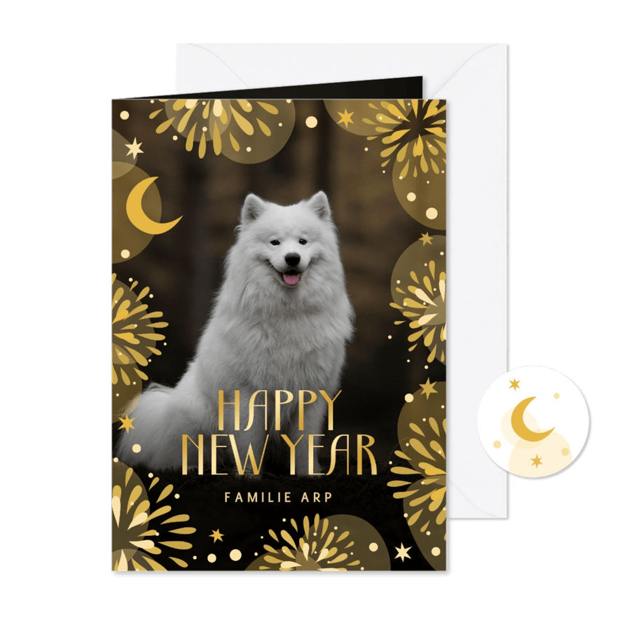 Nieuwjaarskaart grote foto vuurwerk sterren en maan - Kaartimpressie
