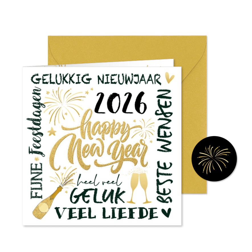 Nieuwjaarskaart handlettering goudlook en zwart wit - Kaartimpressie