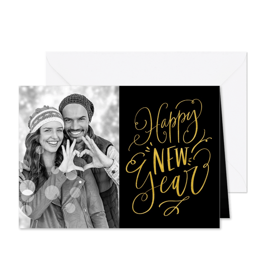 Nieuwjaarskaart handlettering Happy New Year zwart met goud - Kaartimpressie