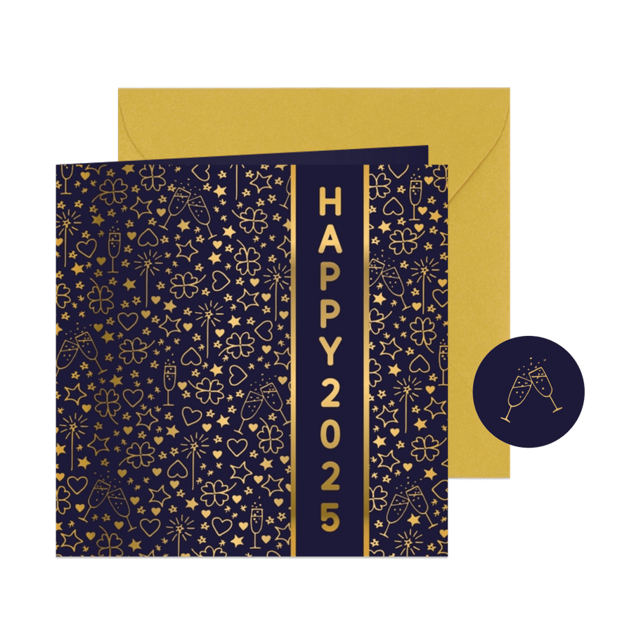 Nieuwjaarskaart happy 2025 illustraties goudlook - Kaartimpressie