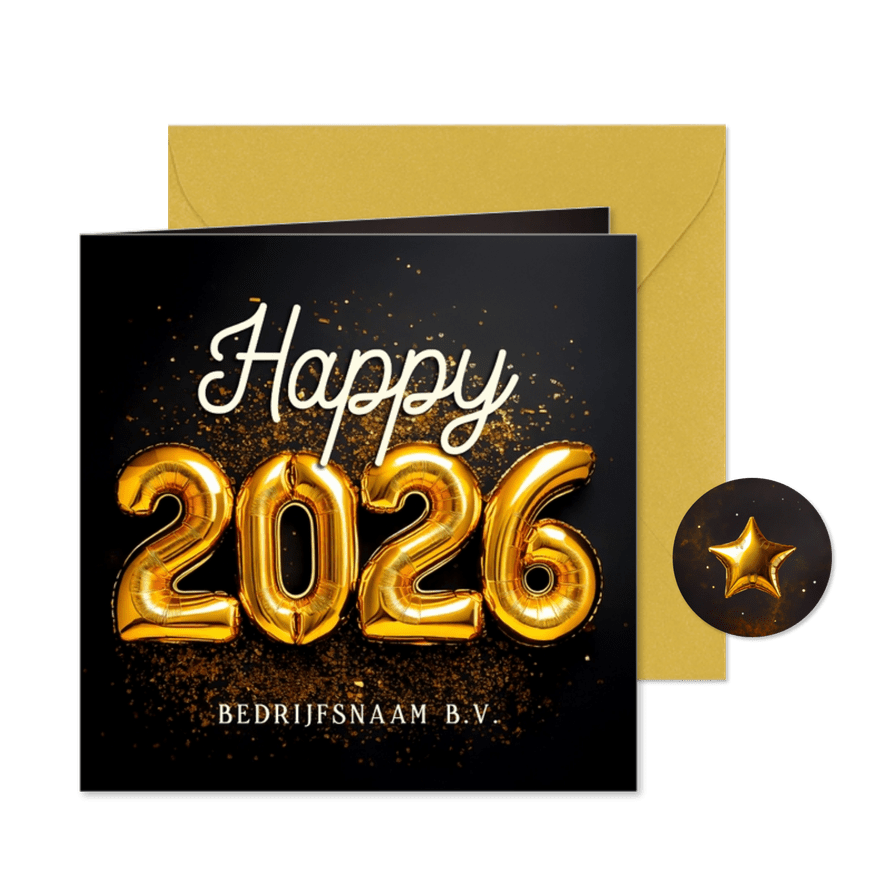 Nieuwjaarskaart happy 2026 folieballonnen goud - Kaartimpressie