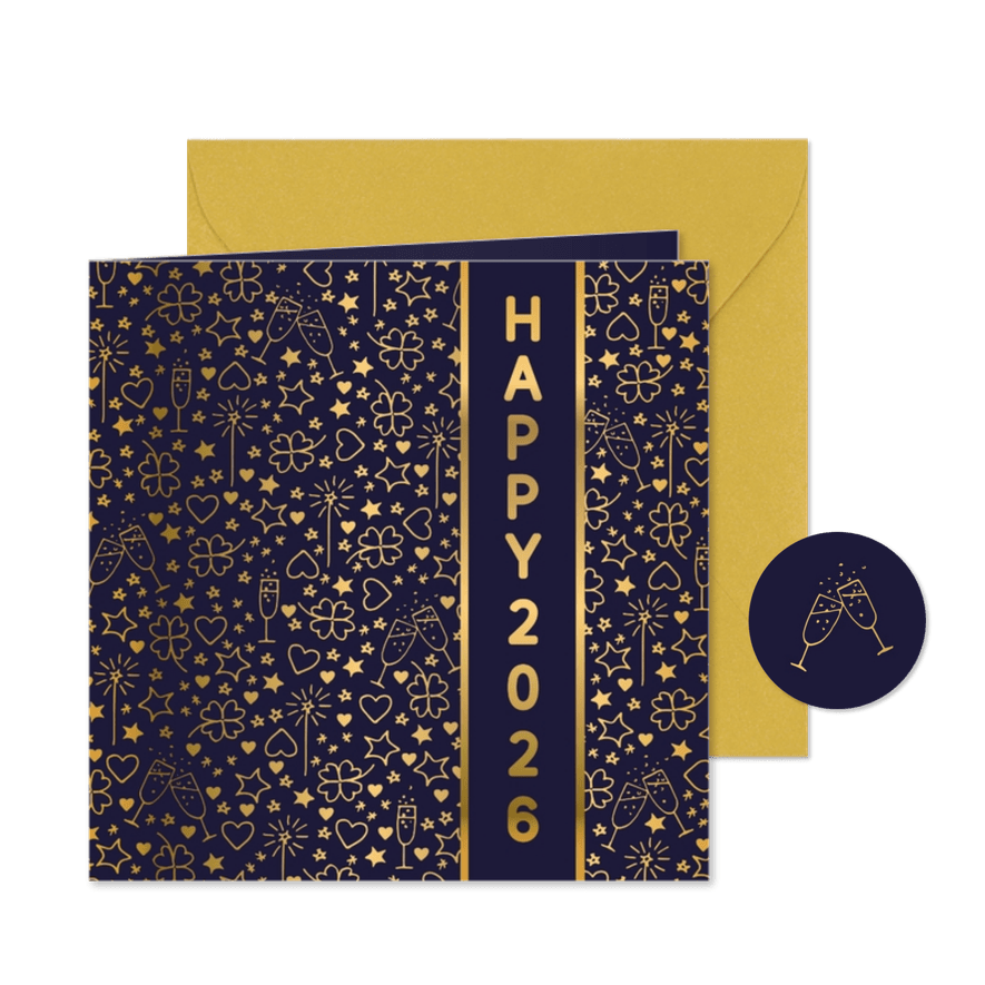 Nieuwjaarskaart happy 2026 illustraties goudlook - Kaartimpressie