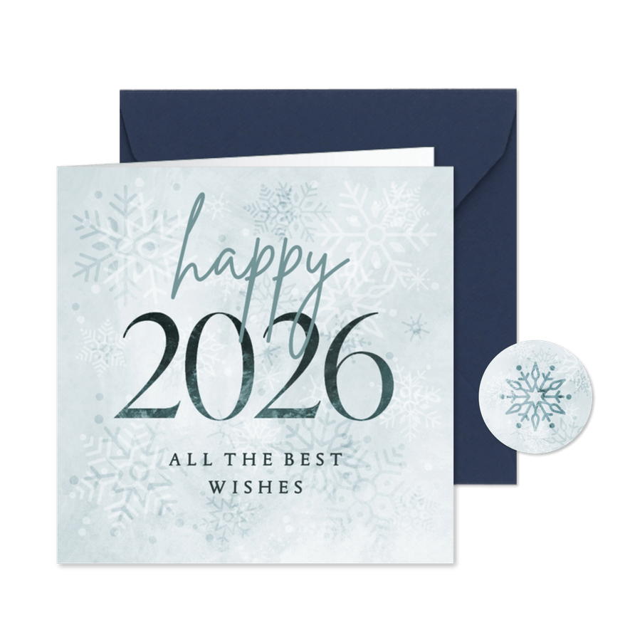 Nieuwjaarskaart happy 2026 lichtblauw met sneeuwvlokken - Kaartimpressie