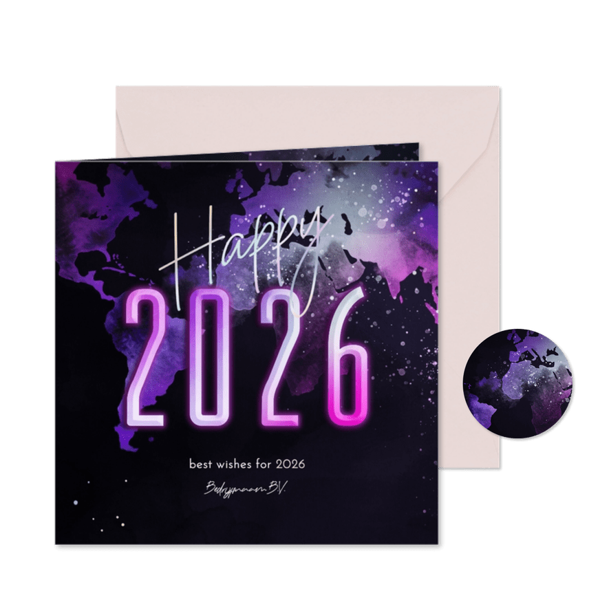 Nieuwjaarskaart happy 2026 wereldkaart in neonkleuren - Kaartimpressie