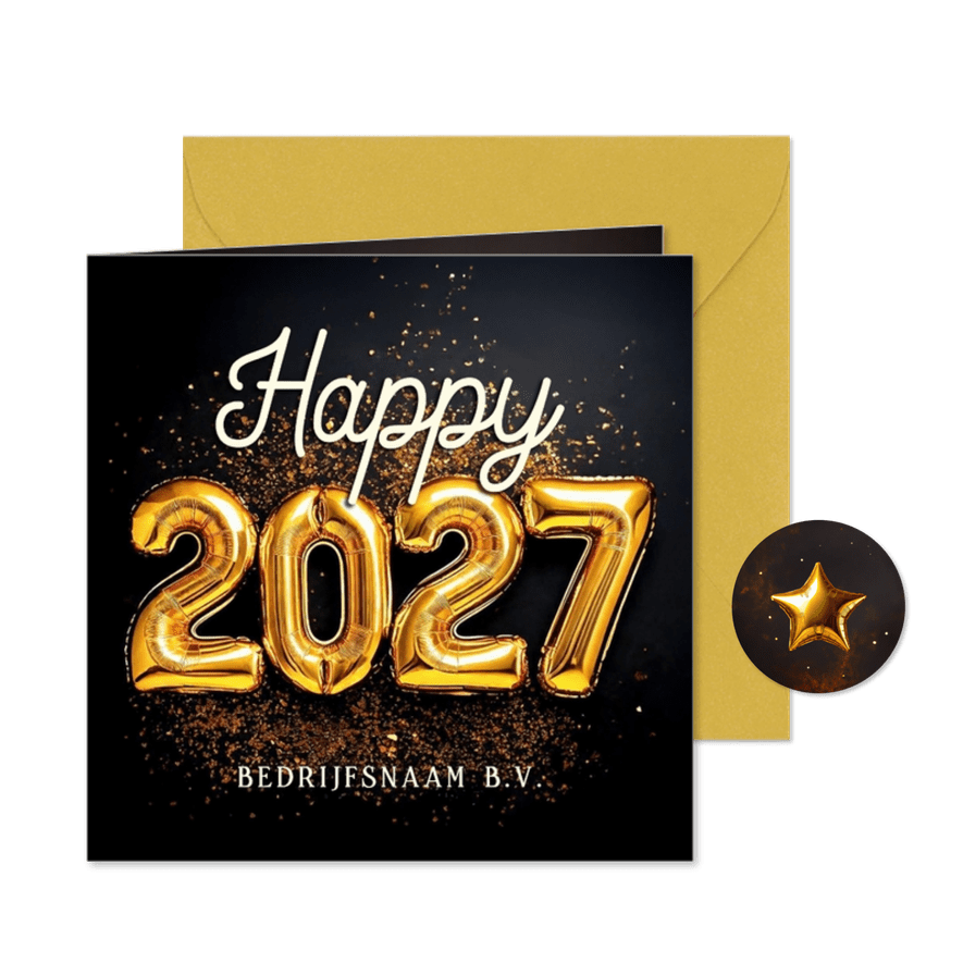 Nieuwjaarskaart happy 2027 folieballonnen goud - Kaartimpressie