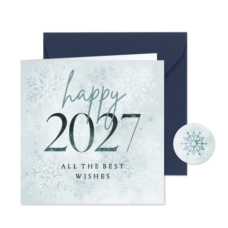Nieuwjaarskaart happy 2027 lichtblauw met sneeuwvlokken - Kaartimpressie