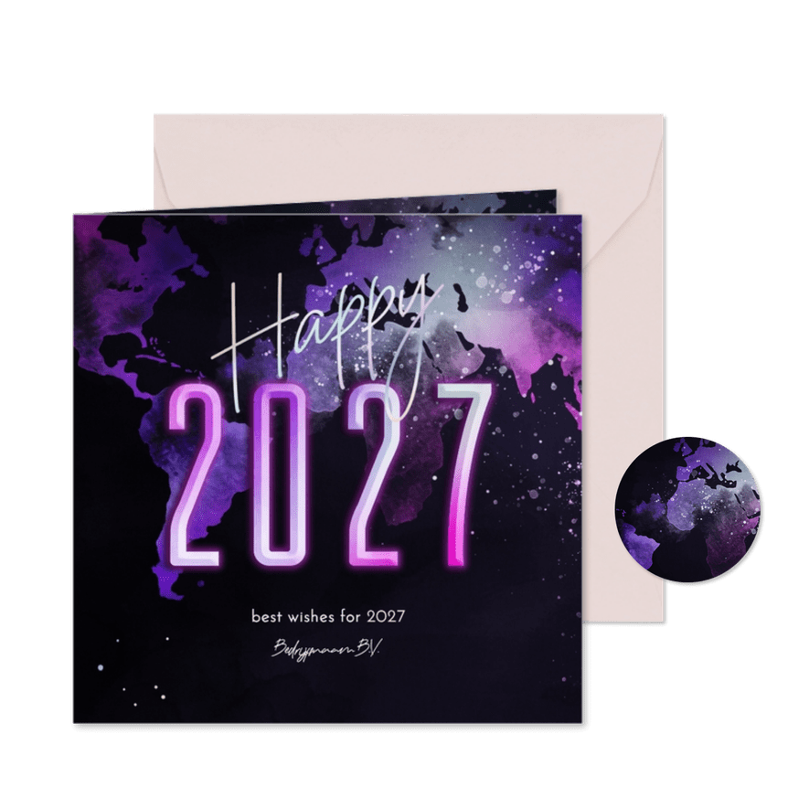 Nieuwjaarskaart happy 2027 wereldkaart in neonkleuren - Kaartimpressie