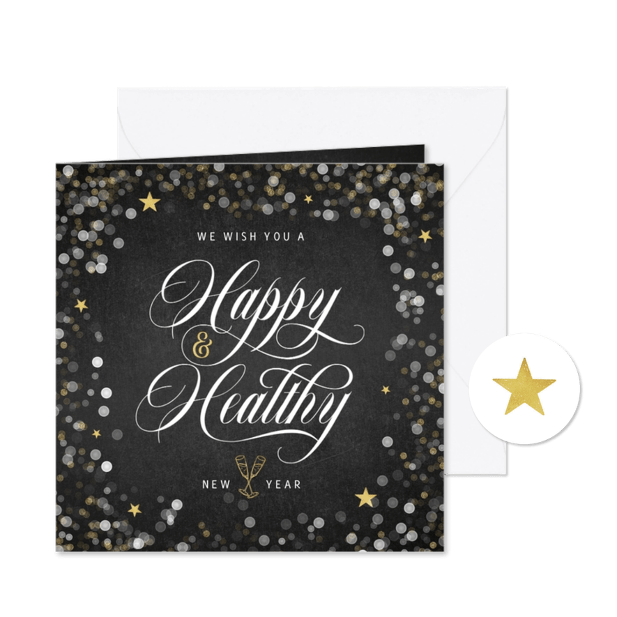 Nieuwjaarskaart happy healthy krijtbord confetti goud ster - Kaartimpressie