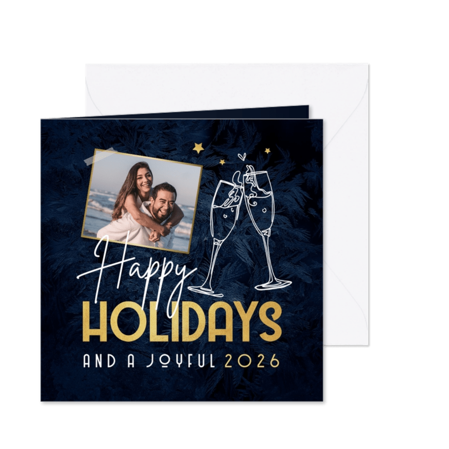 Nieuwjaarskaart happy holidays champagne en foto - Kaartimpressie