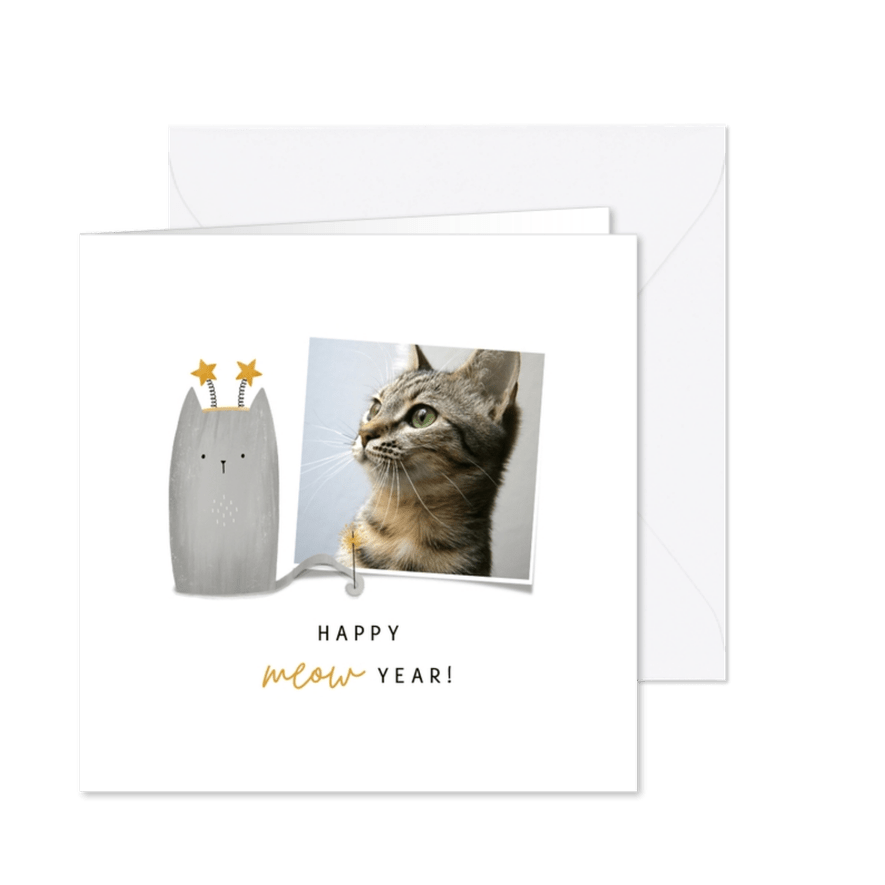 Nieuwjaarskaart happy meow year met foto en kat - Kaartimpressie
