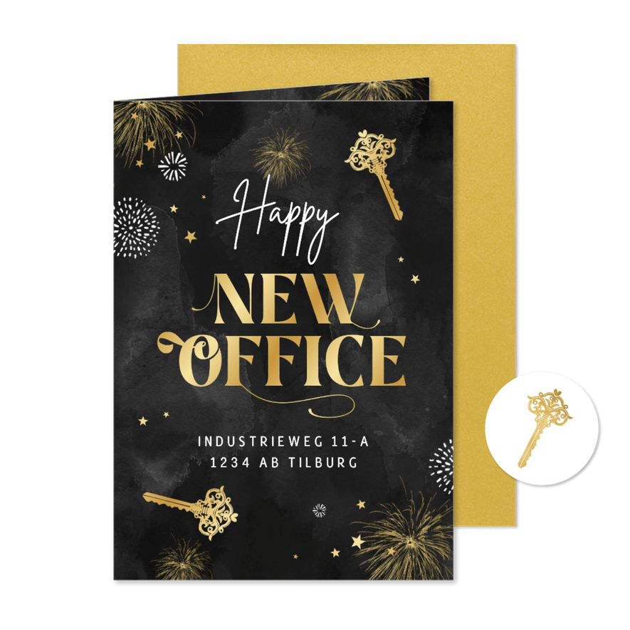 Nieuwjaarskaart happy new office sterren zwart goud - Kaartimpressie