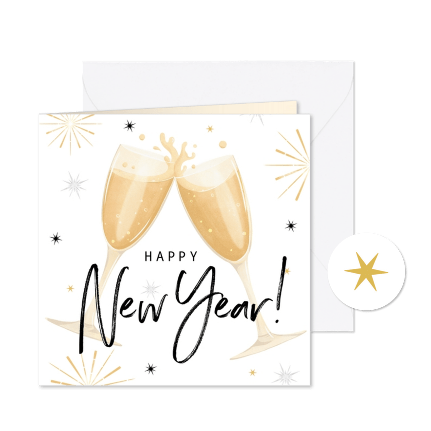 Nieuwjaarskaart happy new year champagne vuurwerk sterren - Kaartimpressie