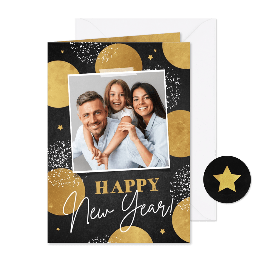 Nieuwjaarskaart happy new year confetti vuurwerk goud ster - Kaartimpressie