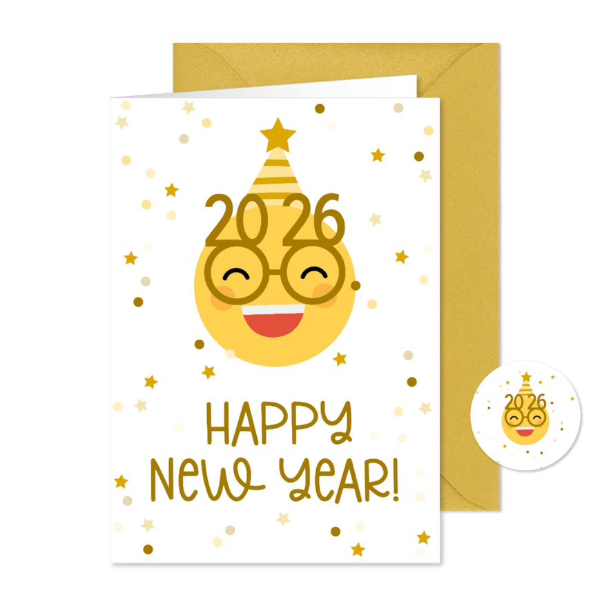 Nieuwjaarskaart happy new year emoji met 2026 bril - Kaartimpressie