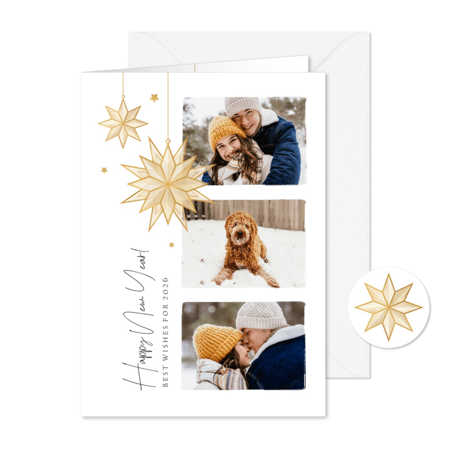 Nieuwjaarskaart happy new year foto sterren goud best wishes - Kaartimpressie