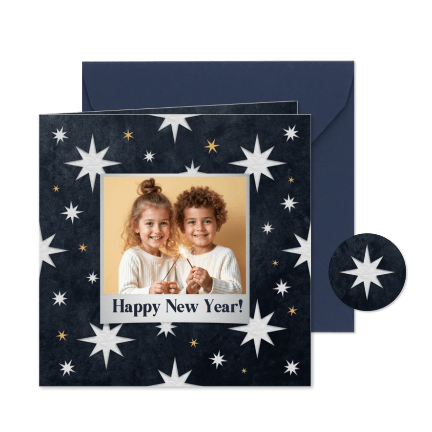 Nieuwjaarskaart happy new year foto sterren goud donkerblauw - Kaartimpressie